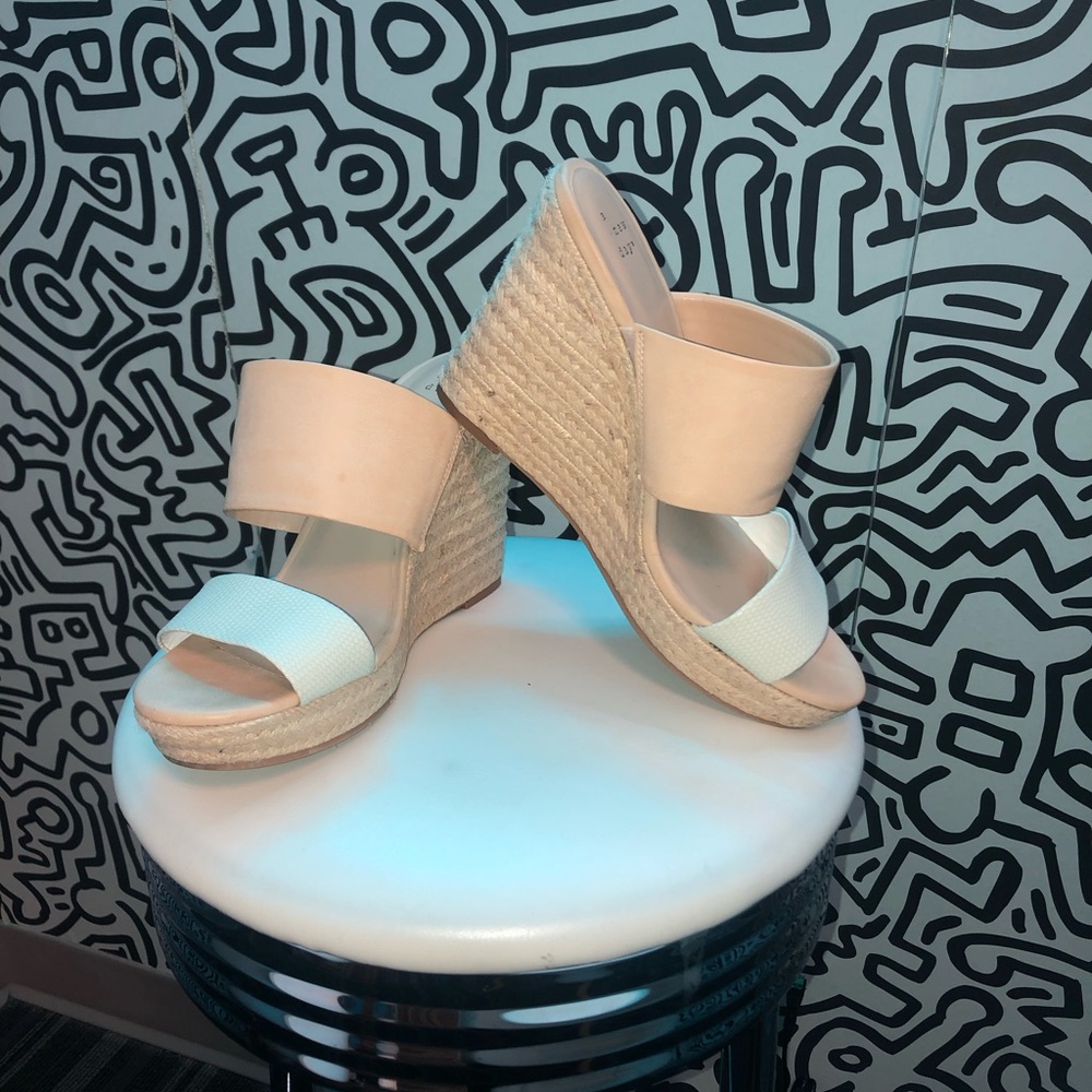 EUC White & Beige slip on wedges
